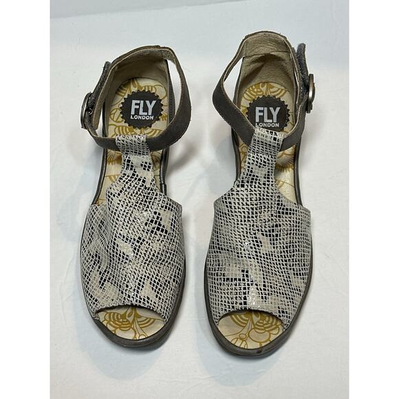 FLY LONDON Leather Wedge Sandals Ivory Beige Strap Snake Skin Women 9.5 / 40 - Picture 4 of 12